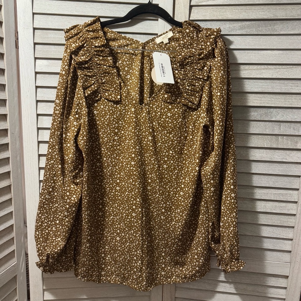 Oddy Dizzy Dot Printed Women’s Large Long Sleeve Ruffled V-Neck Top NWT